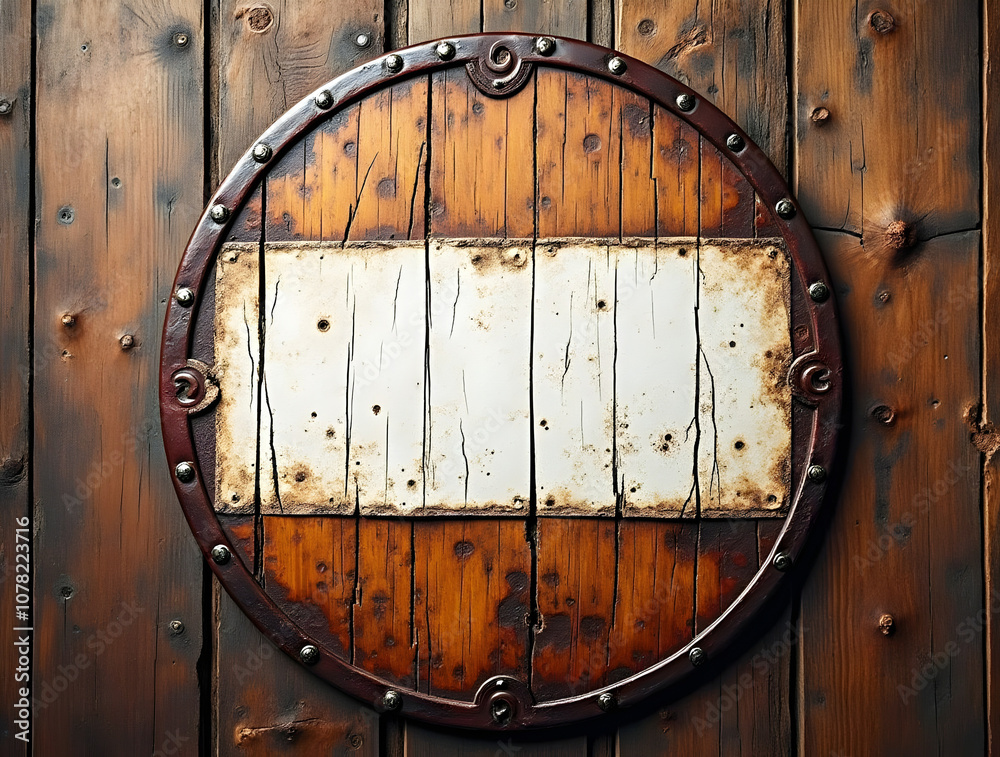 Fototapeta premium Rusty metal sign on old wooden background