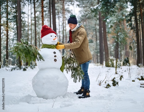 Man making snowman wearing scarf and hat in snowy forest