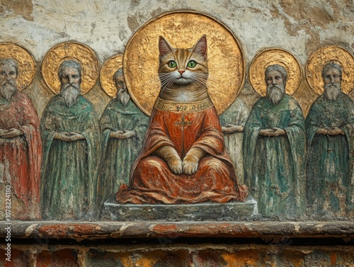 Sacred Cat Altar Scene, Divine Feline Icon with Figures, Religious Cat Art