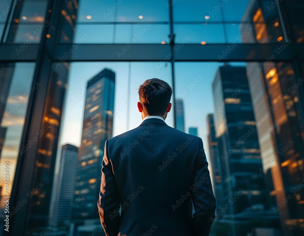 Determined Businessman in Sharp Suit with City Reflection at Golden Hour – Urban Motivation and Ambition Concept