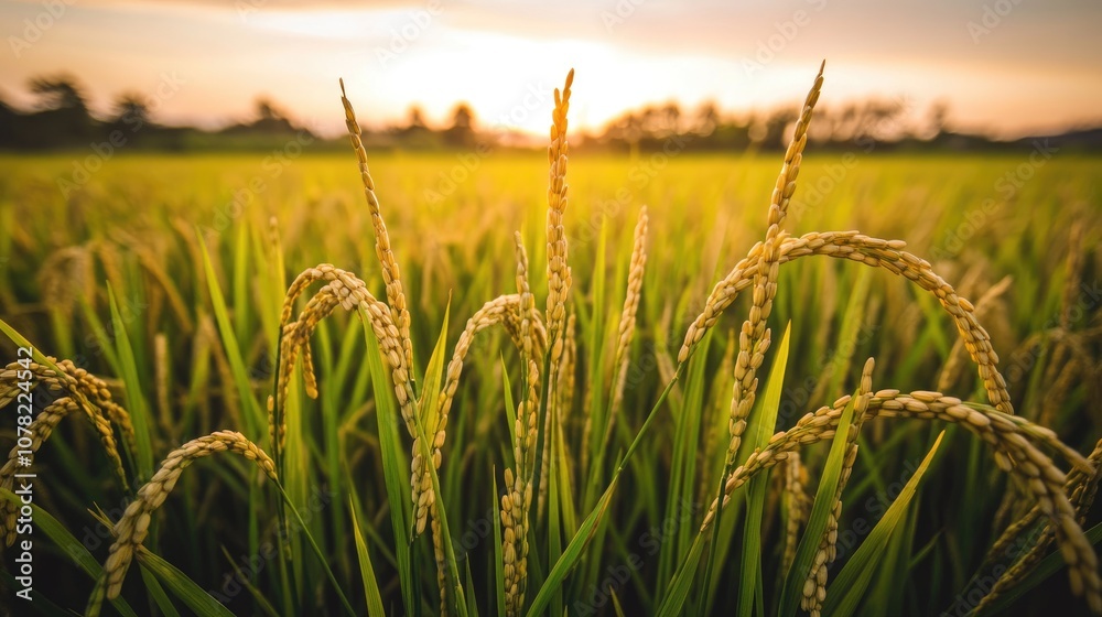 Beautiful Golden Rice Field During Sunset with Lush Green Stalks Glowing in Warm Light, Reflecting Nature's Bounty and Tranquility in Rural Landscape Beautiful Golden Rice Field During Sunset with Lush Green Stalks Glowing in Warm Light, Reflecting Nature's Bounty and Tranquility in Rural Landscape