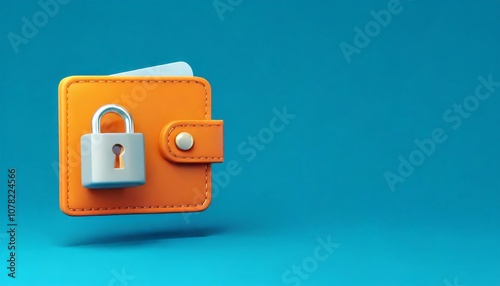 A vibrant orange wallet with a lock symbolizes security and protection for personal belongings, set against a teal background. photo