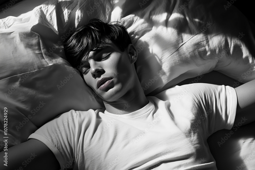 Peaceful Sleeping Man Resting in Comfortable Bed, Symbolizing Relaxation, Nighttime Tranquility, and Serenity for Health and Wellbeing Concepts Peaceful Sleeping Man Resting in Comfortable Bed, Symbolizing Relaxation, Nighttime Tranquility, and Serenity for Health and Wellbeing Concepts