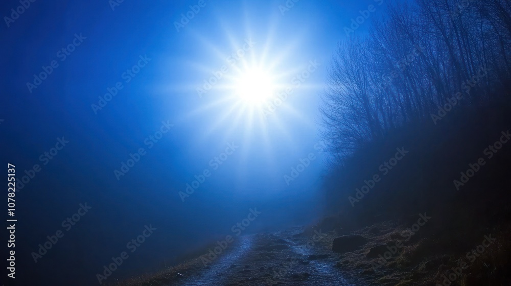 A bright sun shines through the fog in a forest, illuminating a dirt path. A bright sun shines through the fog in a forest, illuminating a dirt path.