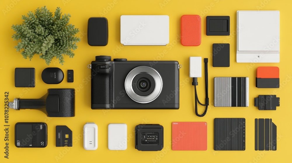 Flat Lay Arrangement of Photography Equipment with Camera, Memory Cards, and Accessories on Bright Yellow Background for Creative Projects