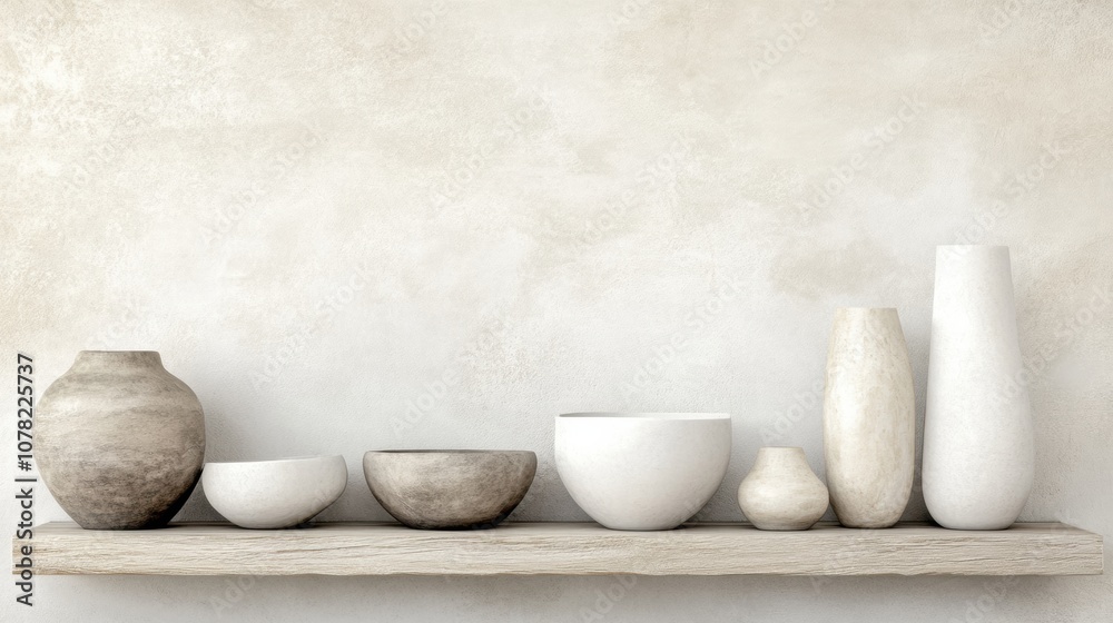 Minimalist ceramic vases and bowls on a wooden shelf against a textured wall, AI Minimalist ceramic vases and bowls on a wooden shelf against a textured wall, AI
