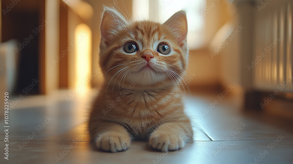 Obraz premium a small funny fluffy kitten lies on a clean floor in a spacious corridor of a large apartment international cat day