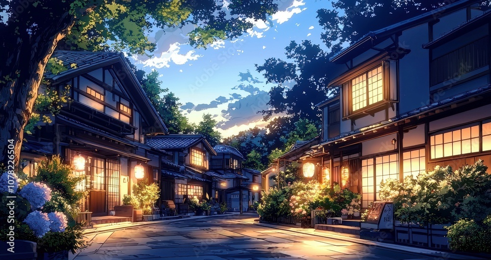 Serene Evening Scene in a Traditional Japanese Village with Soft Lighting and Lush Greenery, Perfect for Tranquil Atmosphere and Cultural Themes