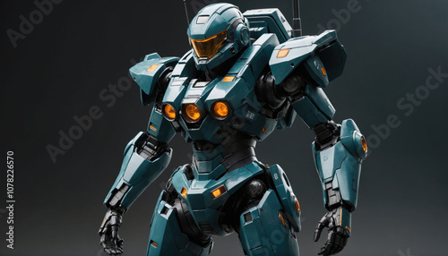 A teal-colored robot stands against a gray background, ready for action