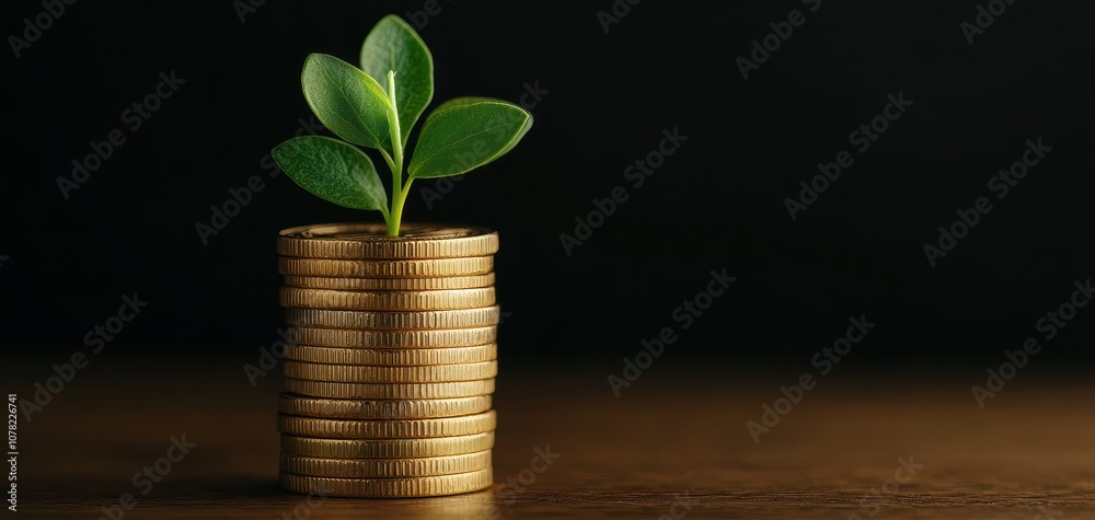 A green sprout emerging from a stack of coins symbolizes growth, investment, and sustainability. The harmonious blend of nature and finance represents a brighter future.