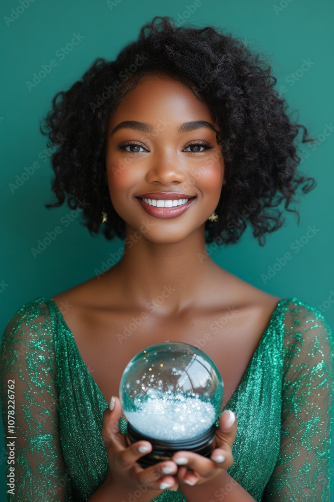 Fototapeta premium Festive Portrait of African American Young Adult Female Wearing Green Holiday Dress Holding Christmas Gift