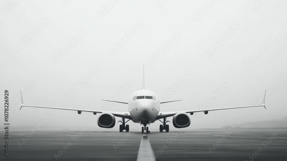 Modern white airplane standing on the runway in dense fog at the airport. Concept of delayed or canceled flight because of bad weather conditions Modern white airplane standing on the runway in dense fog at the airport. Concept of delayed or canceled flight because of bad weather conditions