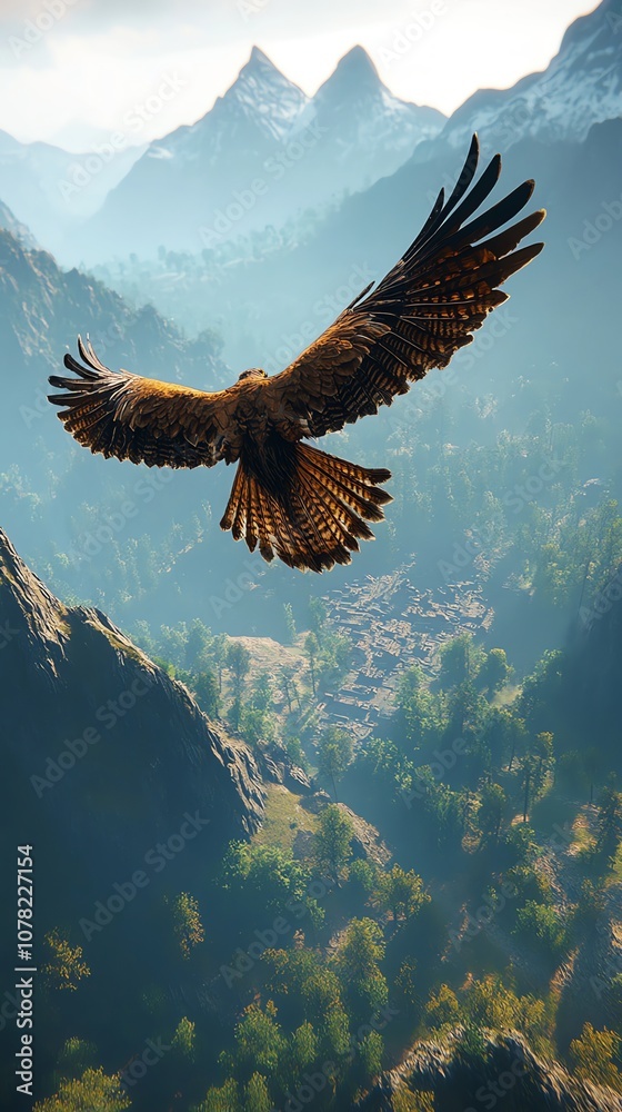 Obraz premium A majestic golden eagle soars high above a breathtaking mountain range, its wings spread wide against a backdrop of misty peaks and lush green valleys.