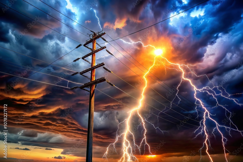 Fototapeta premium Dramatic Scene of a Power Pole with Sparks Flying Off It Against a Darkening Sky, Capturing the Intensity of Electrical Discharges and the Potential Dangers of Power Infrastructure