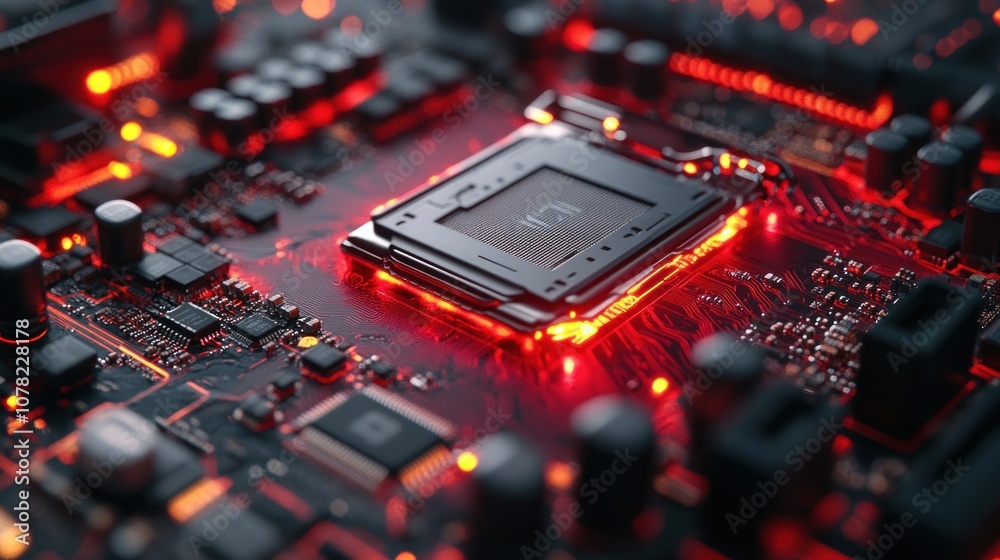Close-up of a circuit board with glowing red elements. Close-up of a circuit board with glowing red elements.