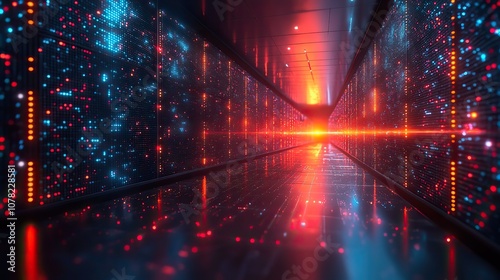 abstract futuristic technology abstract background with lines for network big data data center server internet speed yellow and red neon lights into digital technology tunnel