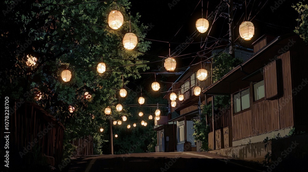 Serene Night Street with Lanterns Brightly Illuminating a Quiet Pathway Surrounded by Trees and Traditional Houses in a Peaceful Setting