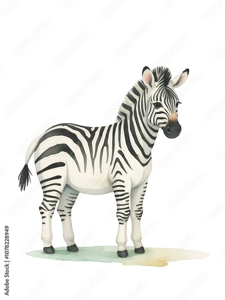 Fototapeta premium Watercolor Zebra, Cute Baby Zebra Illustration, Safari Animal, Nursery Decor, Birthday animal theme, Room Decor, Wall art, Clipart, white background