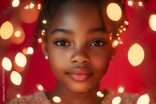 Portrait of a young Black girl with Christmas lights on a red background, looking at the camera