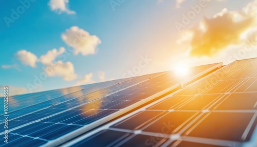 A stunning view of solar panels capturing sunlight under a bright blue sky photo