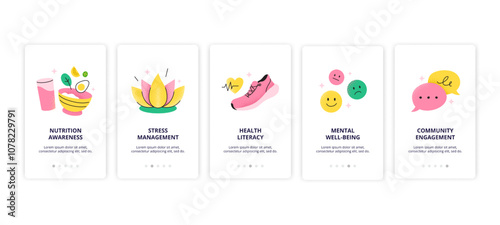 Wellness icons for nutrition, stress management, health, mental well-being, and social engagement. Various symbols of happiness and mindfulness. Vector flat illustrations.