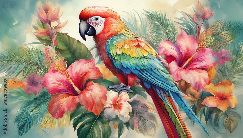 Obraz premium コンゴウインコと熱帯の花々のイラスト（Illustration of macaw and tropical flowers.） 