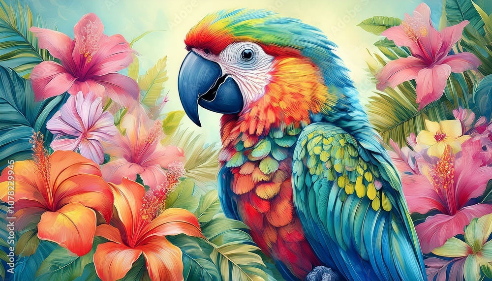 Obraz premium コンゴウインコと熱帯の花々のイラスト（Illustration of macaw and tropical flowers.） 