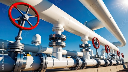 Industrial pipelines with red valve handles against a blue sky