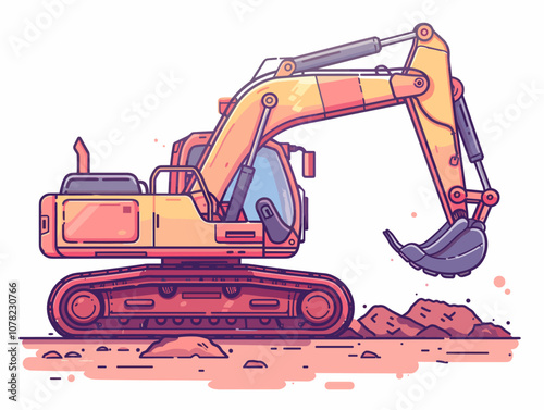 Cartoon drawing of a yellow excavator digging into the ground. Concept of hard work and determination, as the machine is focused on its task of digging