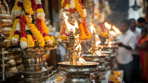 A close-up view of a Hindu temple ceremony with flames burning in pots with garlands of flowers in the foreground.