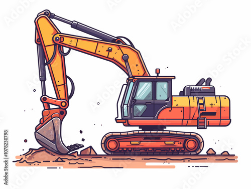 Large orange construction vehicle is digging into the ground. Concept of hard work and determination, as the machine is being used to break through the earth
