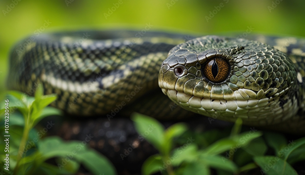 Close up a green snake with blurry nature background. Generative AI Close up a green snake with blurry nature background. Generative AI