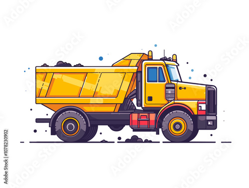 Yellow dump truck is driving down a road. The truck is carrying a large amount of dirt and rocks. The scene is set in a rural area, with the truck driving through a dirt road