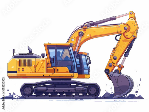 Yellow excavator is shown in the dirt, with its front end digging into the ground. The machine is large and powerful, and it is likely being used for construction or other heavy-duty tasks