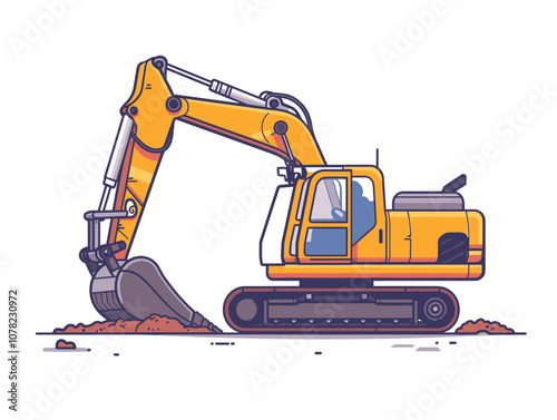 Yellow excavator is digging into the ground. The machine is large and powerful, and it is likely being used for construction or other heavy-duty tasks. Concept of strength and determination