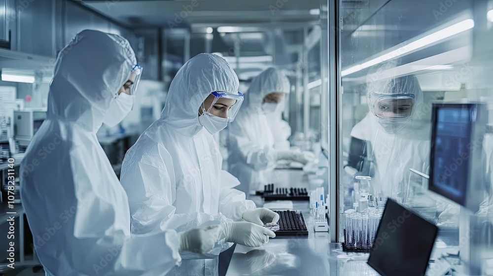 Scientists in protective suits working in a laboratory Scientists in protective suits working in a laboratory