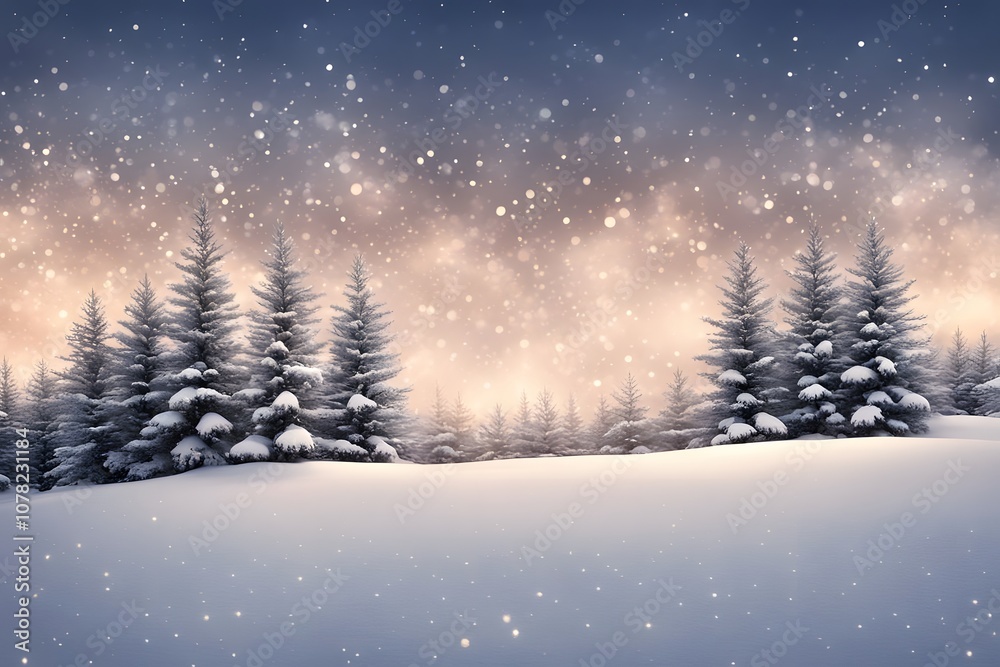 A snowy christmas landscape with pine trees covered in snow twinkling lights and a soft gradient, AI Generated A snowy christmas landscape with pine trees covered in snow twinkling lights and a soft gradient, AI Generated