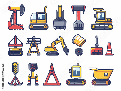 Collection of construction vehicles, including a crane, excavator, and bulldozer. The vehicles are all yellow and red, and they are arranged in a grid