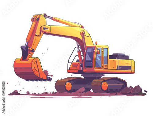 Yellow excavator is digging into the ground. The machine is large and powerful, with a large scoop on the front. The scene is set in a muddy area, with the excavator making its way through the dirt