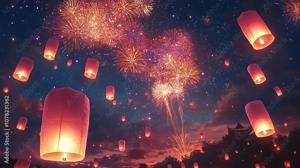 Obraz premium Magical anime sky with floating lanterns and colorful fireworks