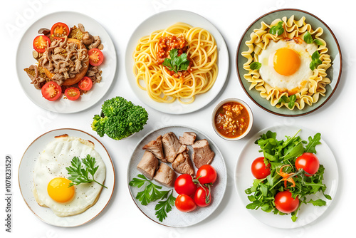 A beautifully arranged table with various dishes, including pasta, vegetables, sauces, and meats, Fragrant instant noodles on a cutting Board with vegetables, ham and egg. On dark rustic background