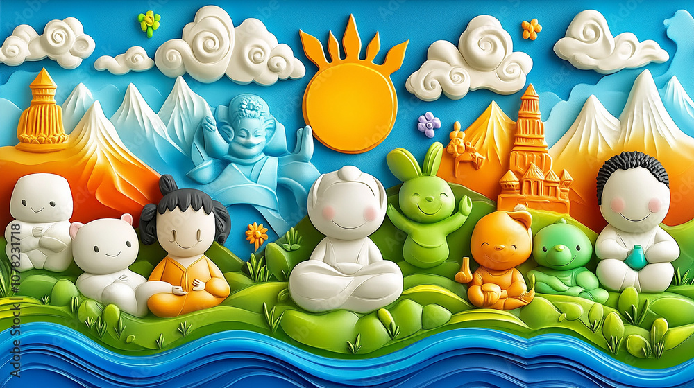 Fototapeta premium A colorful and whimsical illustration of diverse characters meditating in a peaceful landscape with mountains, a sun, and clouds in the background.