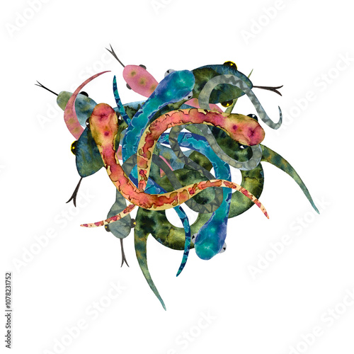 Watercolor illustration with a large pile of snakes in a large ball. Guess how many snakes are in this tangle?