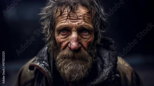 Lonely old homeless man with beard in winter rain, emotional look sad eyes, close-up portrait
