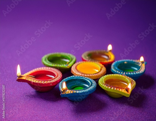 Velas de estilo indio de colores sobre fondo morado con espacio vacío para texto, banner, Relajación, calma, relax, bienestar, salud, místico, incienso photo