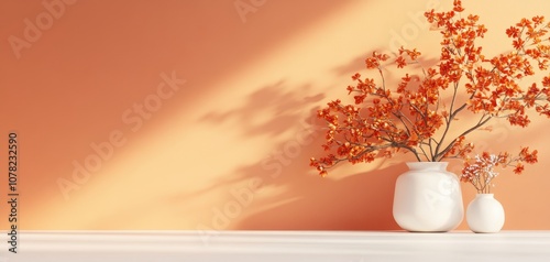 A serene arrangement of vibrant orange flowers in elegant white vases, set against a warm peach-colored wall, creating a calming and refreshing atmosphere for any space.