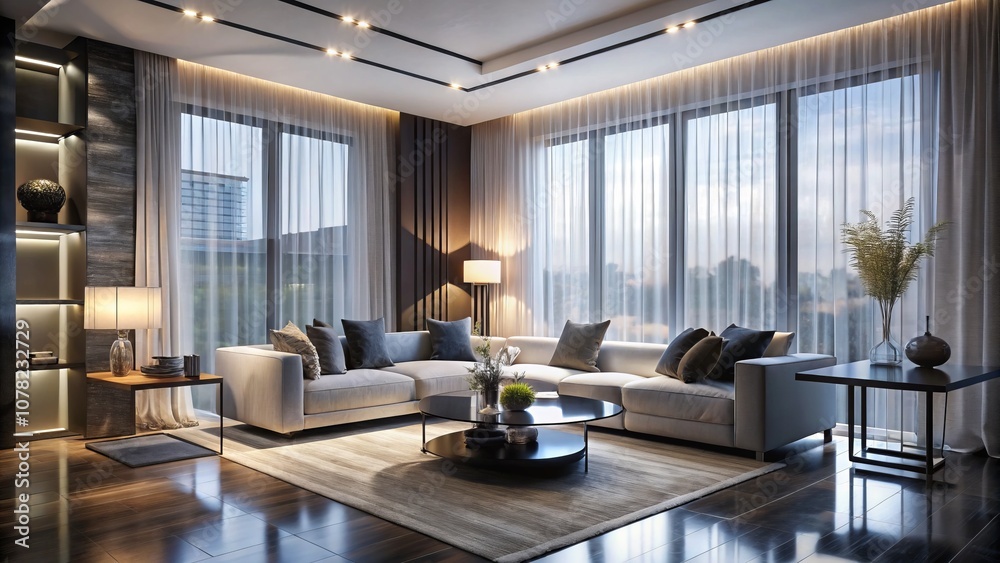 Fototapeta premium Elegant Modern Living Room Featuring White Curtains, Recessed Lighting, and Striking Black Wall Decor for Stylish Home Interiors