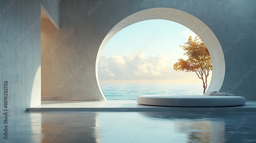 Fototapeta premium an empty room with round window 3d rendering