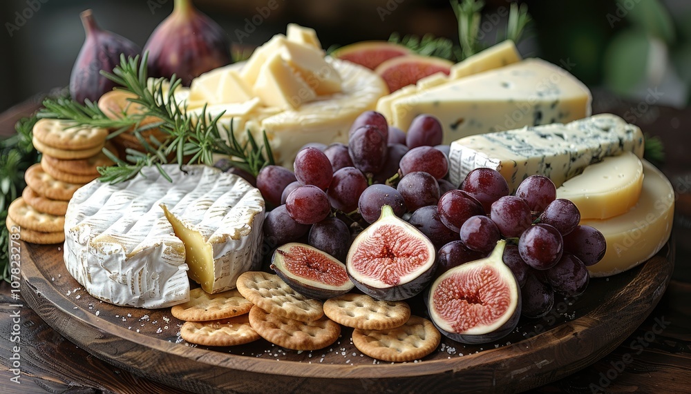 A Wooden Board With A Selection Of Cheese, Figs, Grapes, And Crackers A Wooden Board With A Selection Of Cheese, Figs, Grapes, And Crackers