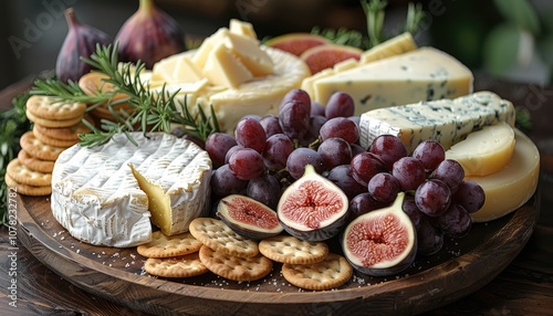 A Wooden Board With A Selection Of Cheese, Figs, Grapes, And Crackers